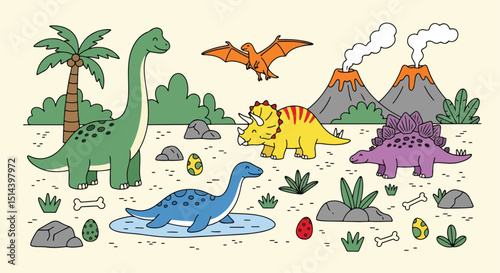 Adobe Illustrator Artwork Lively prehistoric landscape with cute dinosaurs: long-neck, triceratops, pterodactyl, stegosaurus, and a friendly plesiosaur, set against volcanoes and palm trees