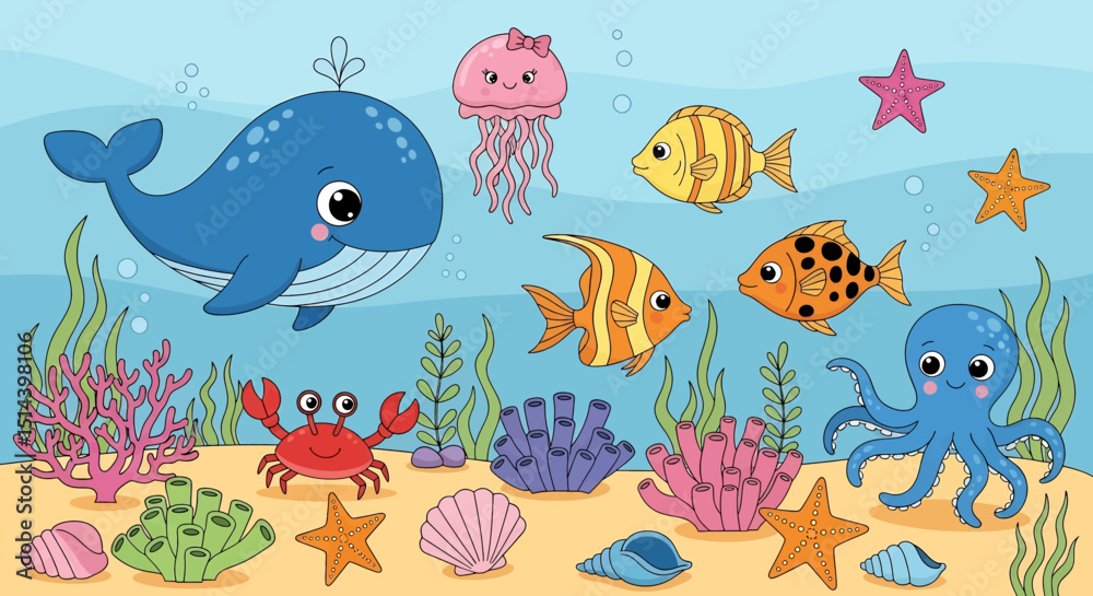 Cheerful underwater world illustration with cute whale, octopus, jellyfish, fish, crab, starfish, and corals. Perfect for children's books and marine designs Cheerful underwater world illustration with cute whale, octopus, jellyfish, fish, crab, starfish, and corals. Perfect for children's books and marine designs