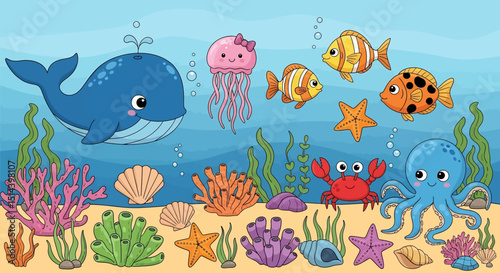 Cheerful underwater world illustration with cute whale, octopus, jellyfish, fish, crab, starfish, and corals. Perfect for children's books and marine designs