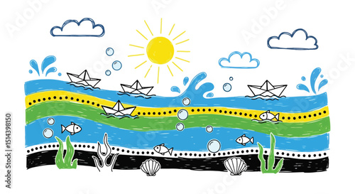 Playful hand-drawn river and underwater scene doodle: colorful waves, paper boats, cute fish, shells, seaweed, sun, and clouds. Perfect for kids' designs