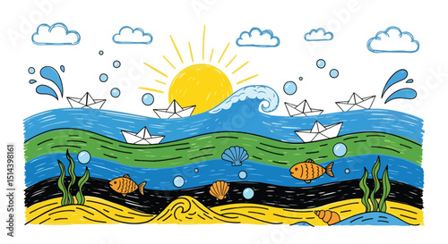 Playful hand-drawn river and underwater scene doodle: colorful waves, paper boats, cute fish, shells, seaweed, sun, and clouds. Perfect for kids' designs