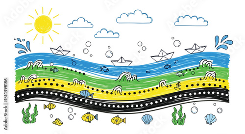 Playful hand-drawn river and underwater scene doodle: colorful waves, paper boats, cute fish, shells, seaweed, sun, and clouds. Perfect for kids' designs
