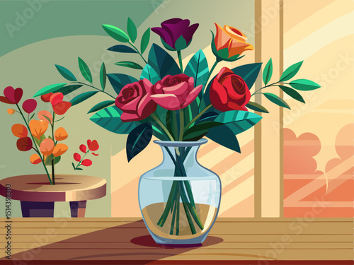 A professional vector of a modern glass flower vase placed on a wooden table, featuring roses and greenery, set against a soft beige background