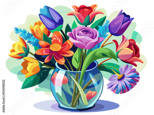 A high-quality vector illustration of a transparent glass vase filled with fresh colorful flowers, isolated on a white background