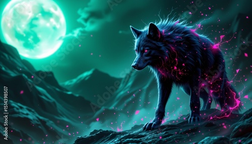 a cyberpunk scene of wolf, positioned left, ,no text, no logo, emerald green background