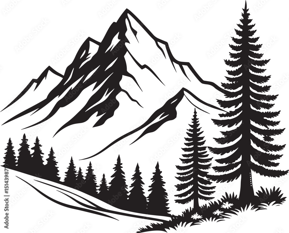 Obraz premium mountain silhouette, pine tree forest minimalist design, graphic art, vector graphics