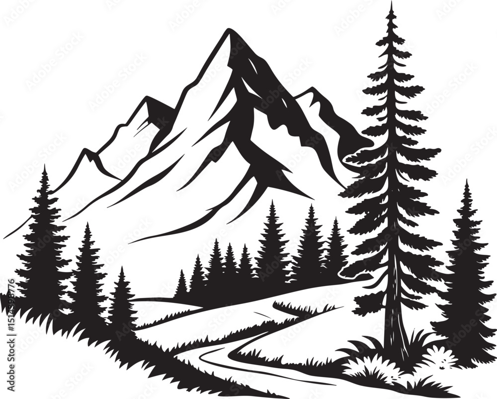 Obraz premium mountain silhouette, pine tree forest minimalist design, graphic art, vector graphics