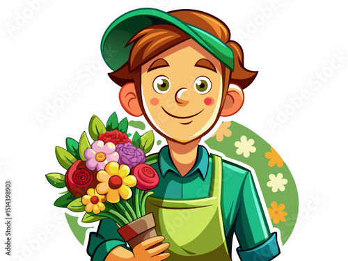 A professional vector of a smiling florist wearing a green apron and holding a flower bouquet, isolated on white background