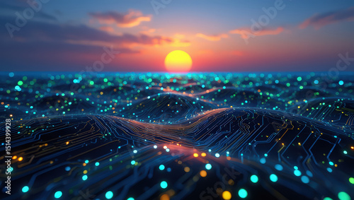 Fototapeta Naklejka Na Ścianę i Meble -  Abstract circuit board landscape with glowing lights and a sunset in the background view