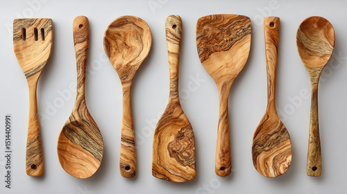 Set of seven handcrafted wooden kitchen utensils including a fork spoon spreader and spatula made from natural wood with visible grain textures on a white background
