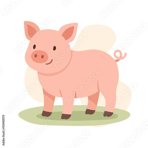 Cartoon pig stands smiling on green patch, pig brings playful touch to farm scenes, pig perfect for children s books or rural content, adds charm to educational visuals.