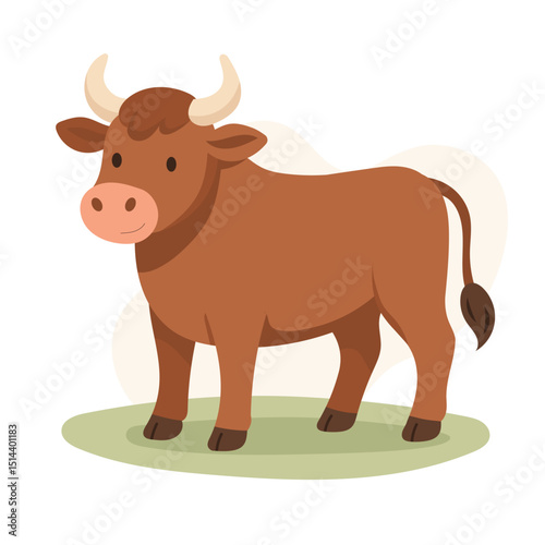 Cartoon ox stands proudly on green field, ox adds strength to farm visuals, ox ideal for educational and rural content, perfect for books and animal-themed materials.