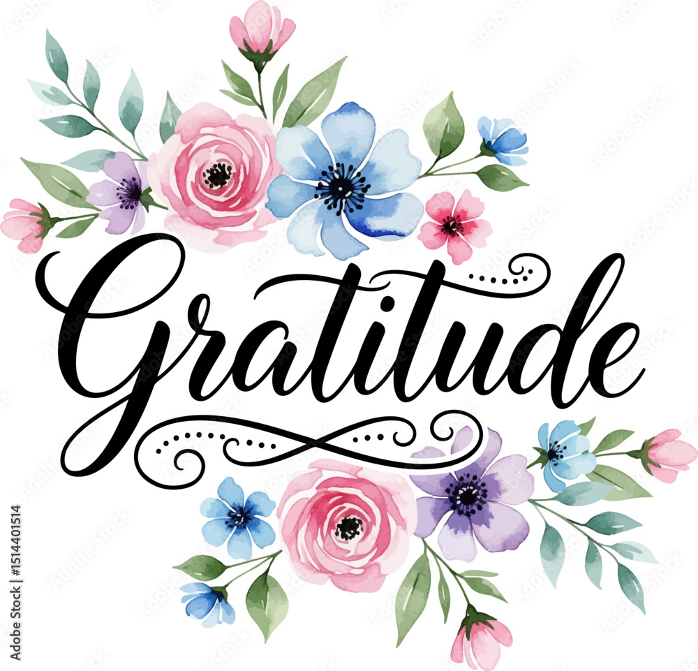 Obraz premium Elegant Gratitude Calligraphy with Watercolor Flowers