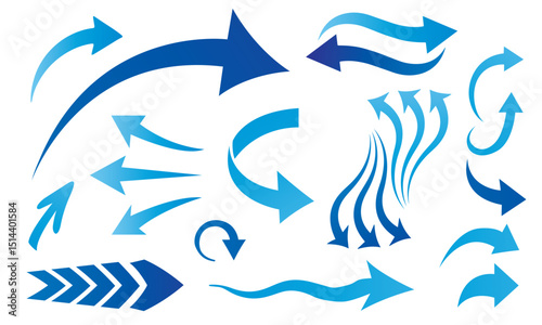 Blue arrows clean fresh air flow collection. Flat style curved arrow icon vector isolated. different arrow symbol indicator. for your apps, websites and UI or UX design & projects. Stock-Vector
