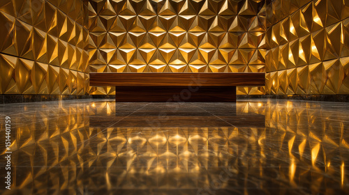 Elegant modern interior with gold geometric wall design and reflective surface, stylish reception area with minimalist wooden desk, luxurious ambiance