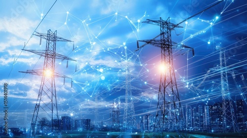 Smart grid, power transmission lines, city skyline, digital network overlay