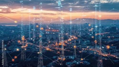 Smart city at sunset, digital network overlay on cityscape