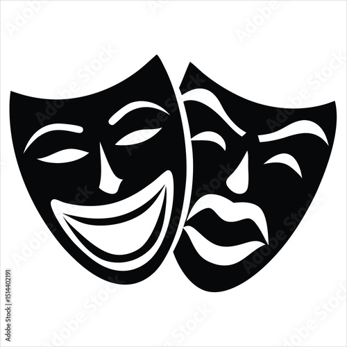 Silhouette of comedy and tragedy masks or theater masks in a flat style, isolated on transparent background, Comedy And Tragedy Masks silhouette vector illustration