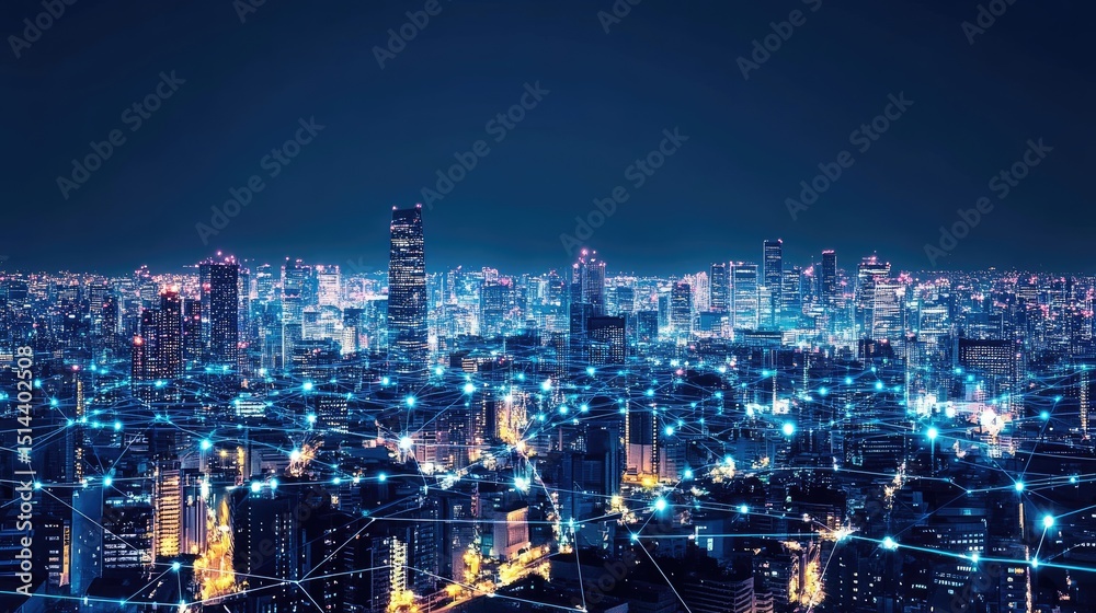 Fototapeta premium Night cityscape illuminated, showcasing interconnectedness via glowing network lines