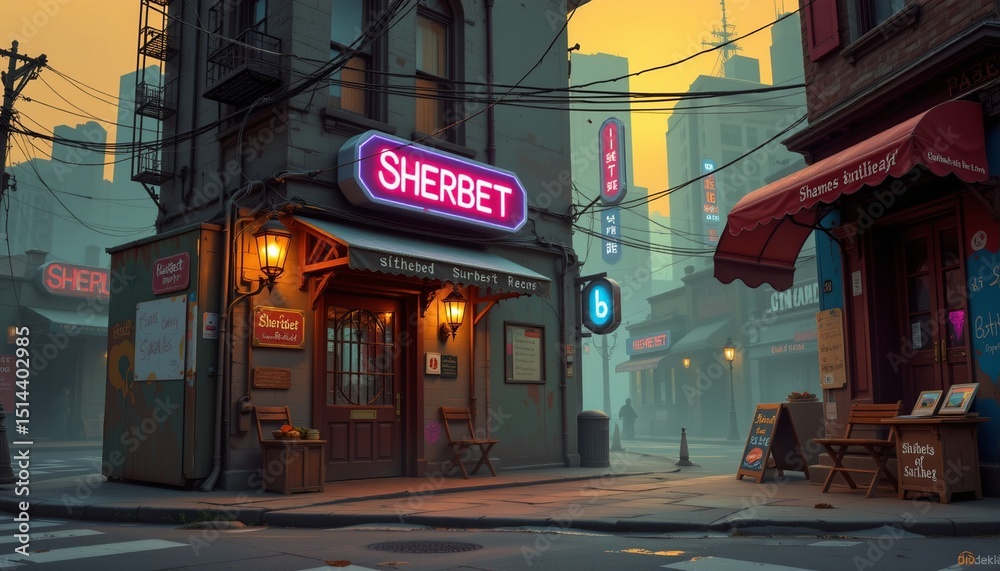Naklejka premium an urban fantasy scene of sherbet, positioned left, ,no text, no logo, amber background