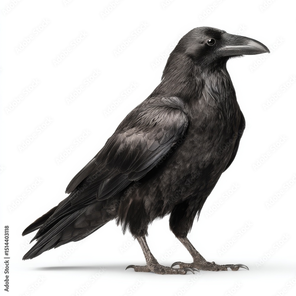 Fototapeta premium Black Raven Bird Isolated on White Background, Wildlife, Avian