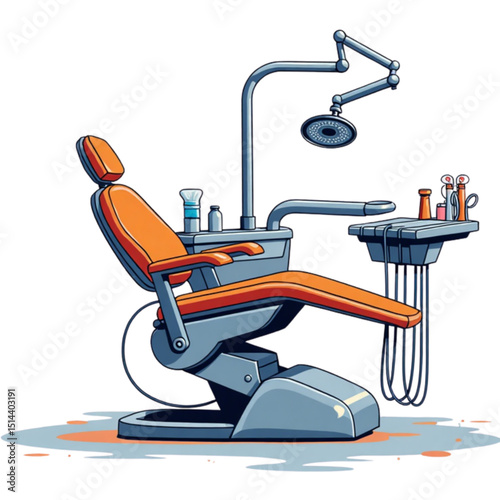 Modern dental chair setup with tools in a bright and colorful illustration