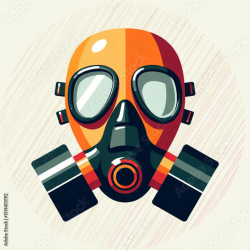 Stylized gas mask illustration with vibrant colors in a circular design