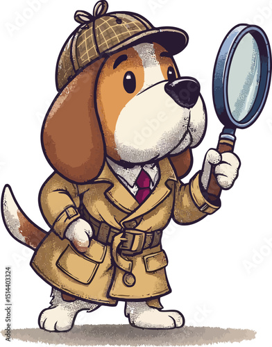 Detective Beagle with Magnifying Glass – Cartoon Beagle Dog in Trench Coat Solving Mysteries Vector Character Illustration 