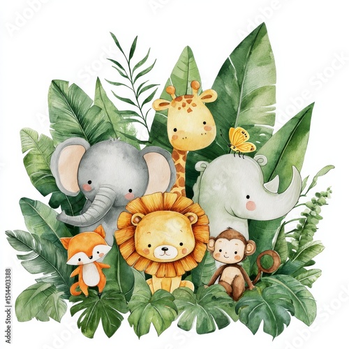 Cute Safari Animals with Tropical Leaves, Isolated on White Background, Watercolor, Jungle Animals Safari, Animals