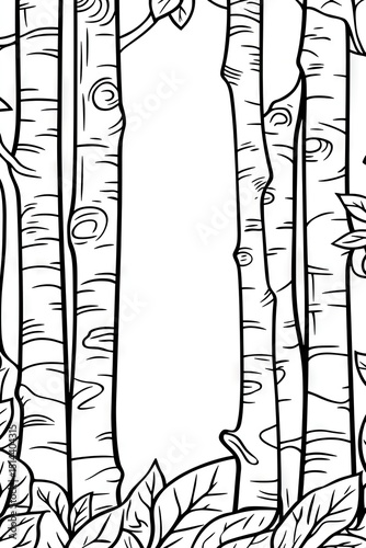 Vertical black and white illustration of stylized tree trunks and foliage.