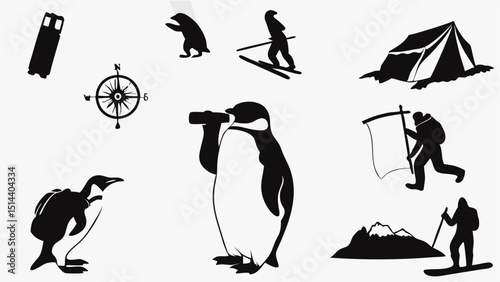 Illustration showing penguins camping skiing and navigating in a polar environment scene design |eps vectors set silhouette