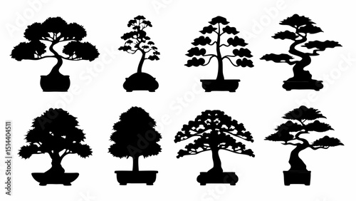 Silhouette collection of eight bonsai trees in various shapes and sizes on a white background |eps vectors set