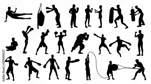 Silhouettes of boxers training with punching bags and ropes in various poses and stances on white background |eps vectors set