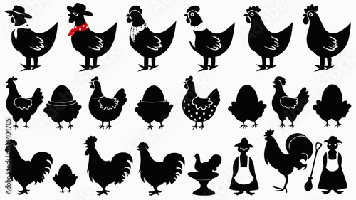 Collection of black and white silhouette illustrations of chickens roosters and eggs in various styles |eps vectors set