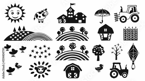 Illustration of farm related elements including animals, buildings, nature and farming equipment items |eps vectors set silhouette