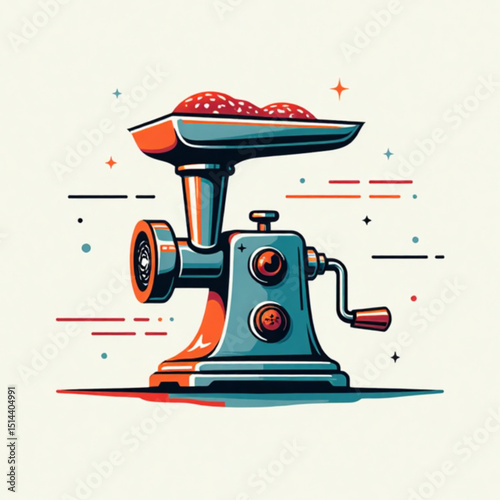 Vintage meat grinder with ground meat, illustrated in a colorful and dynamic style
