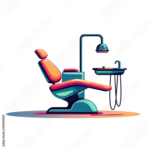 Minimalistic illustration of a modern dental chair with instruments in a bright and colorful illustration