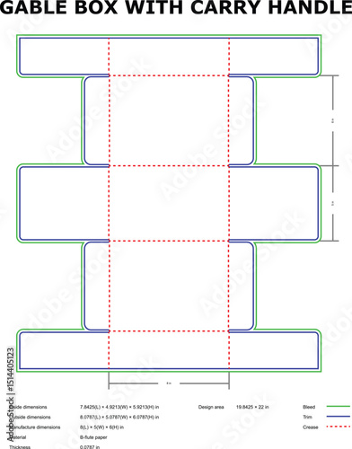 Gable box die-cut template with carry handle design