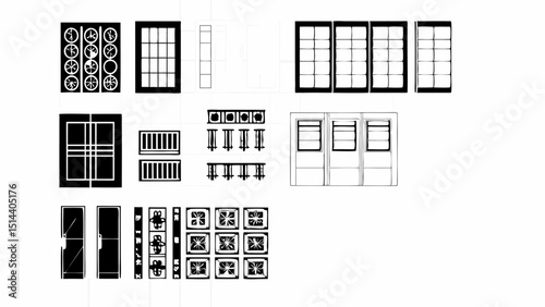 Illustration of various architectural elements including windows, doors, and decorative details shown in black and white |eps vectors set silhouette