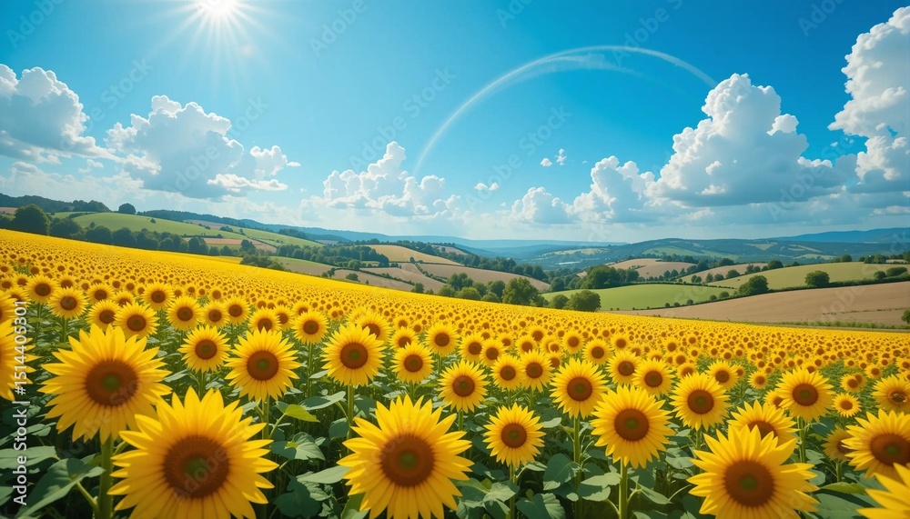 Fototapeta premium Landscape background image with sunflowers, sky, clouds, nature, landscape, flowers, seasons, banner textures advertising