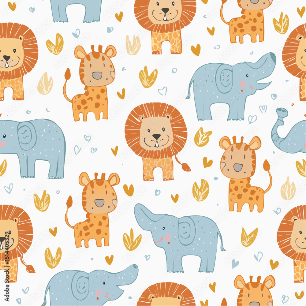 Obraz premium Fun doodle-style safari animals in a repeating pattern, ideal for kids' clothes, wrapping paper, or nursery