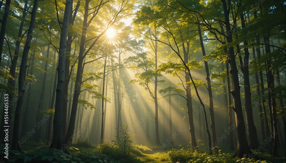 Fototapeta premium A forest in the early morning where the sun shines through the green leaves, a background image of a tranquil birch landscape