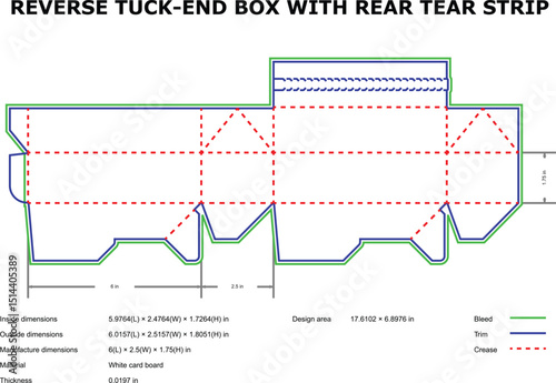 Reverse tuck end box packaging template with rear tear strip die-cut design