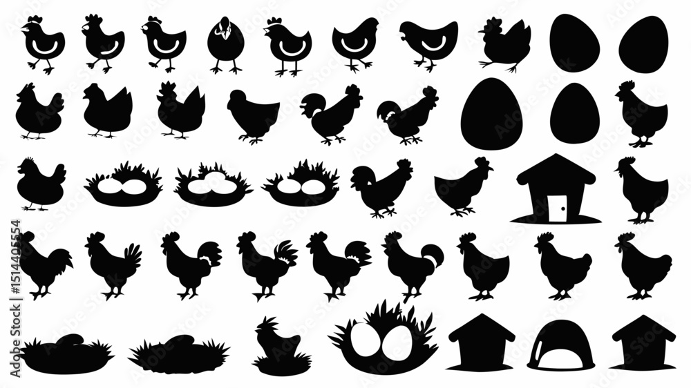 Naklejka premium Silhouette collection of chickens roosters eggs and nests in various poses and farm house shapes isolated |eps vectors set