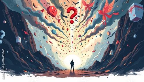 a fantasy illustration of confusion, centered, ,no text, no logo, isolated white background
