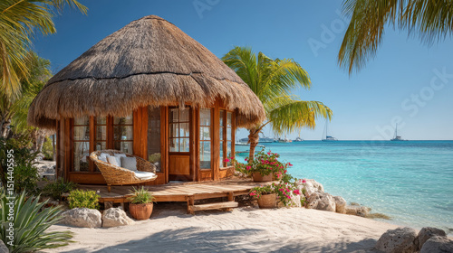 Tropical beachside hut with thatched roof surrounded by palm trees overlooking clear blue ocean and sailing boat on horizon under bright sunny sky