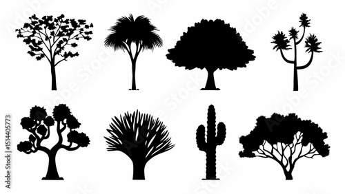 Silhouette collection of different tree and cactus species in black and white vector illustration |eps vectors set