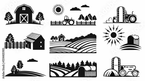 Collection of nine farm and agriculture themed vector illustrations in black and white silhouette style |eps vectors set