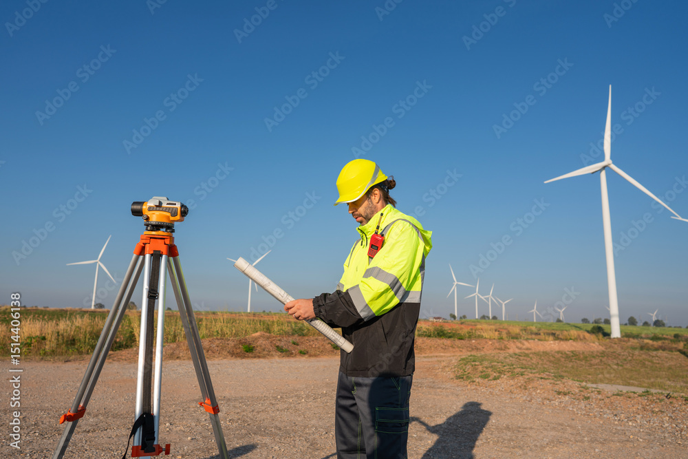 custom made wallpaper toronto digitalEngineer wearing uniform inspection and survey work in wind turbine farms rotation to generate electricity energy. Maintenance engineer working in wind turbine farm at sunset.