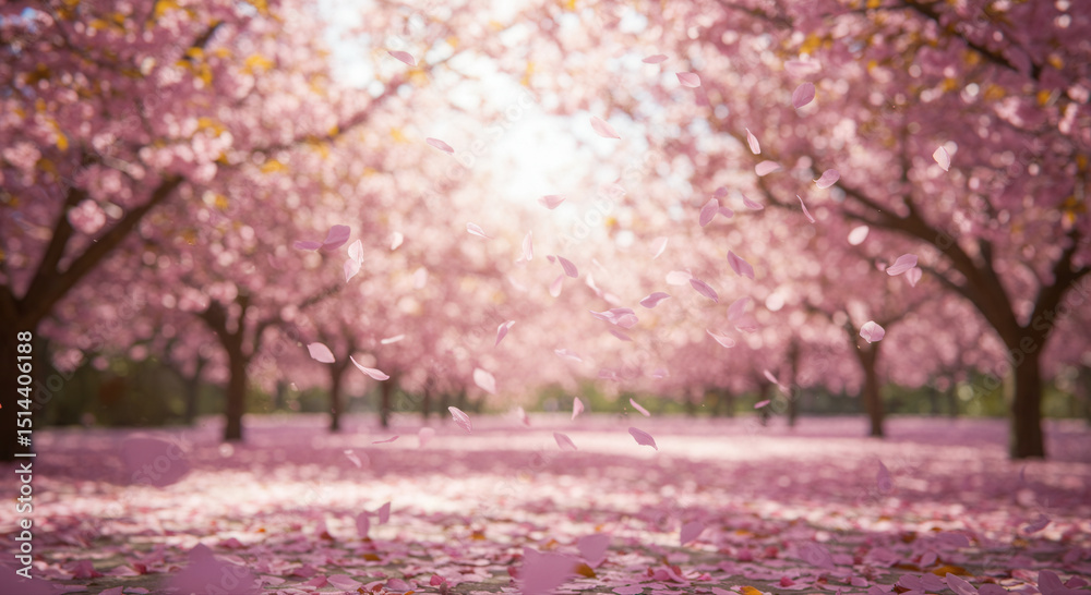 Naklejka premium A breathtaking view of a pathway, lined with blooming cherry blossom trees.